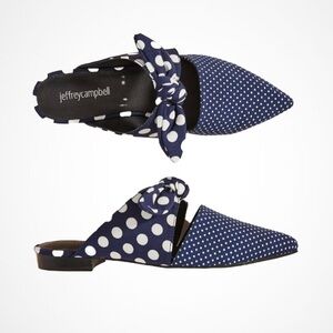 Jeffrey Campbell ( Anthropologie)  Navy + White Polka Dot Knot-Front Mules